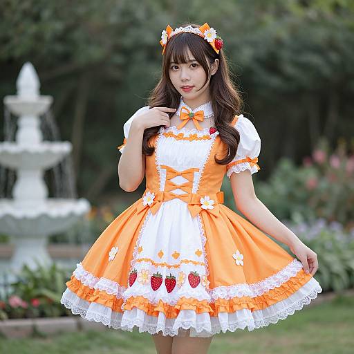 Photograph of an Asian woman in an orange and white strawberry-themed, frilly, short dress with lace and bows, standing in a garden with a