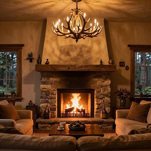 Cozy rustic living room photograph with a roaring fireplace, antler chandelier, stone fireplace, wooden beams, brown armchairs, and warm orange