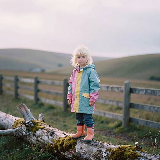 Photograph of a blonde toddler in a colorful raincoat and pink boots standing on a mossy log in a grassy, fenced field with rolling hills