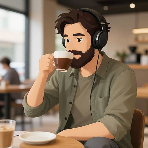 Digital illustration of a bearded man with dark hair, wearing headphones and a green shirt, sipping a coffee in a blurred café.
