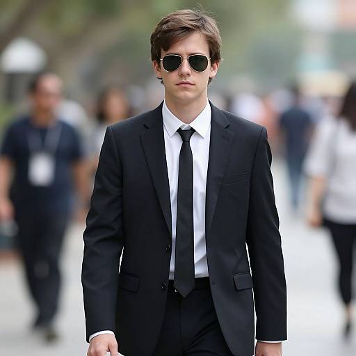 Young man in black suit, white shirt, black tie, and sunglasses walking confidently on a blurred city street. Photographic image.
