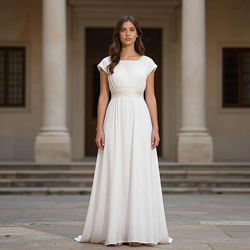 Photograph of a young woman with long dark hair, wearing a simple white, short-sleeved, floor-length gown, standing in front of a