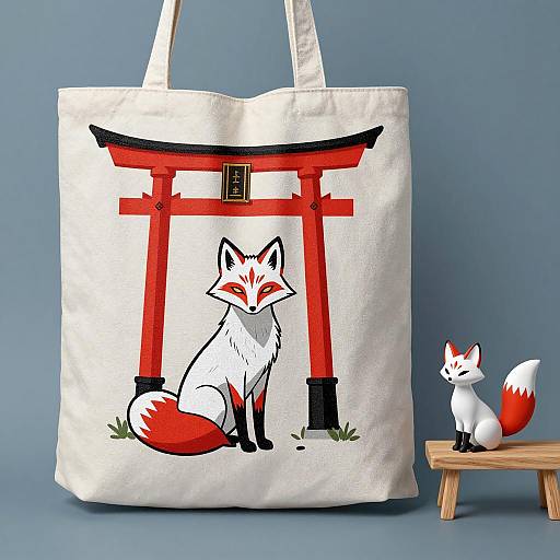 Beige Bag with Fox Illustration