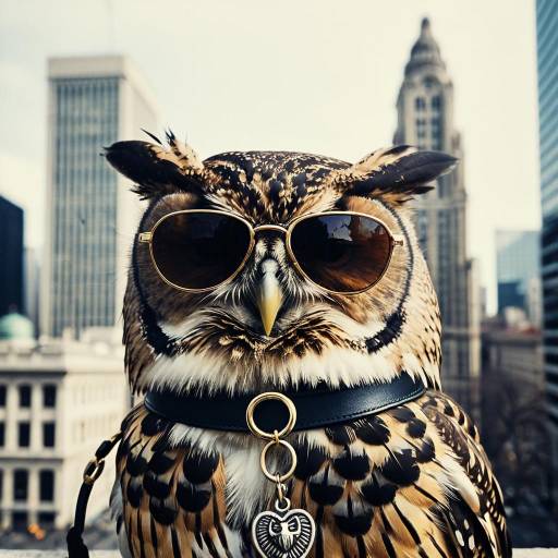 Owl Wearing Sunglasses and Collar in Urban Setting