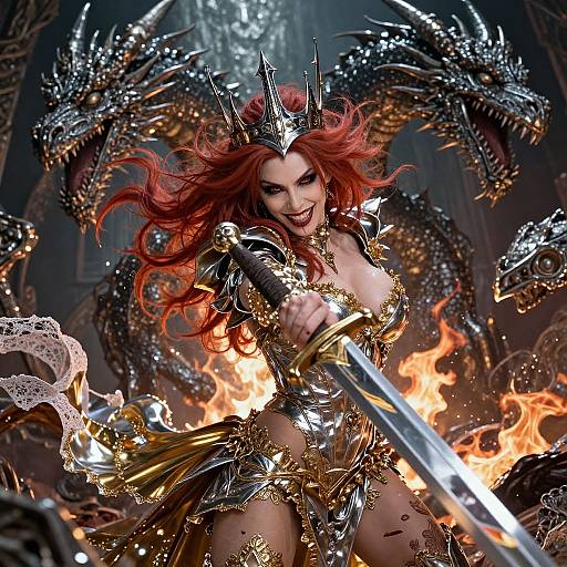 Digital art: Red-haired warrior queen with golden armor, crown, and sword, wielding a sword amid flames, surrounded by menacing black dragons. Intense