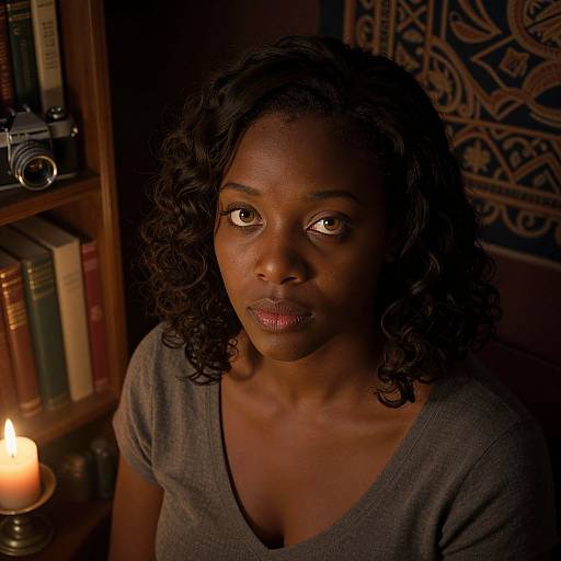 Photograph of a serious, dark-skinned woman with curly hair, wearing a gray V-neck shirt, seated in a dimly lit room with a