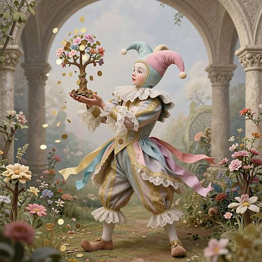 Digital artwork of a jester in pastel attire, holding a flowering tree with coins, under a stone arch in a lush garden.