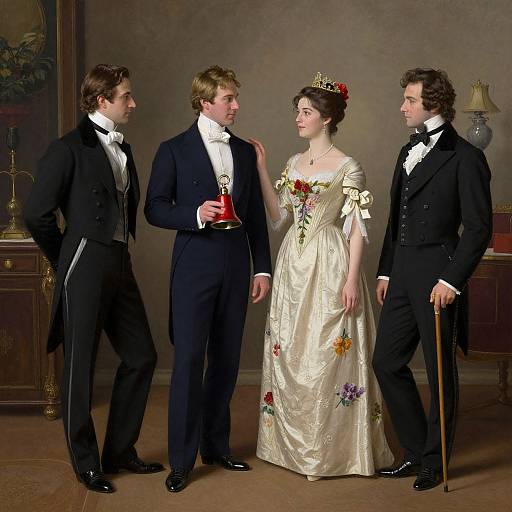 Photograph of three men in black tuxedos and a woman in a cream, floral-embellished Victorian wedding dress, standing in an