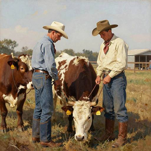 Two ranchers in cowboy hats and blue jeans stand in a grassy field, holding brown-and-white cows with yellow ear tags.