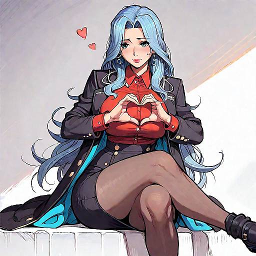 Embarrassed Blue-Haired Office Girl Heart Pose