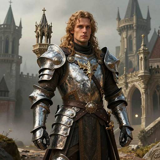 Photorealistic CGI of a tall, blonde, long-haired man in shiny, ornate medieval armor with a star emblem, standing before a grand,