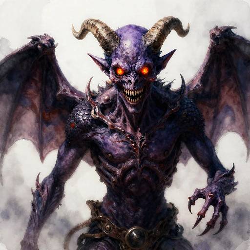 Digital illustration of a terrifying, dark purple demon with glowing red eyes, sharp teeth, large curved horns, bat-like wings, and muscular, scaly