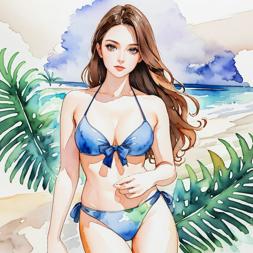 Chic Beachgoer in Watercolor Style