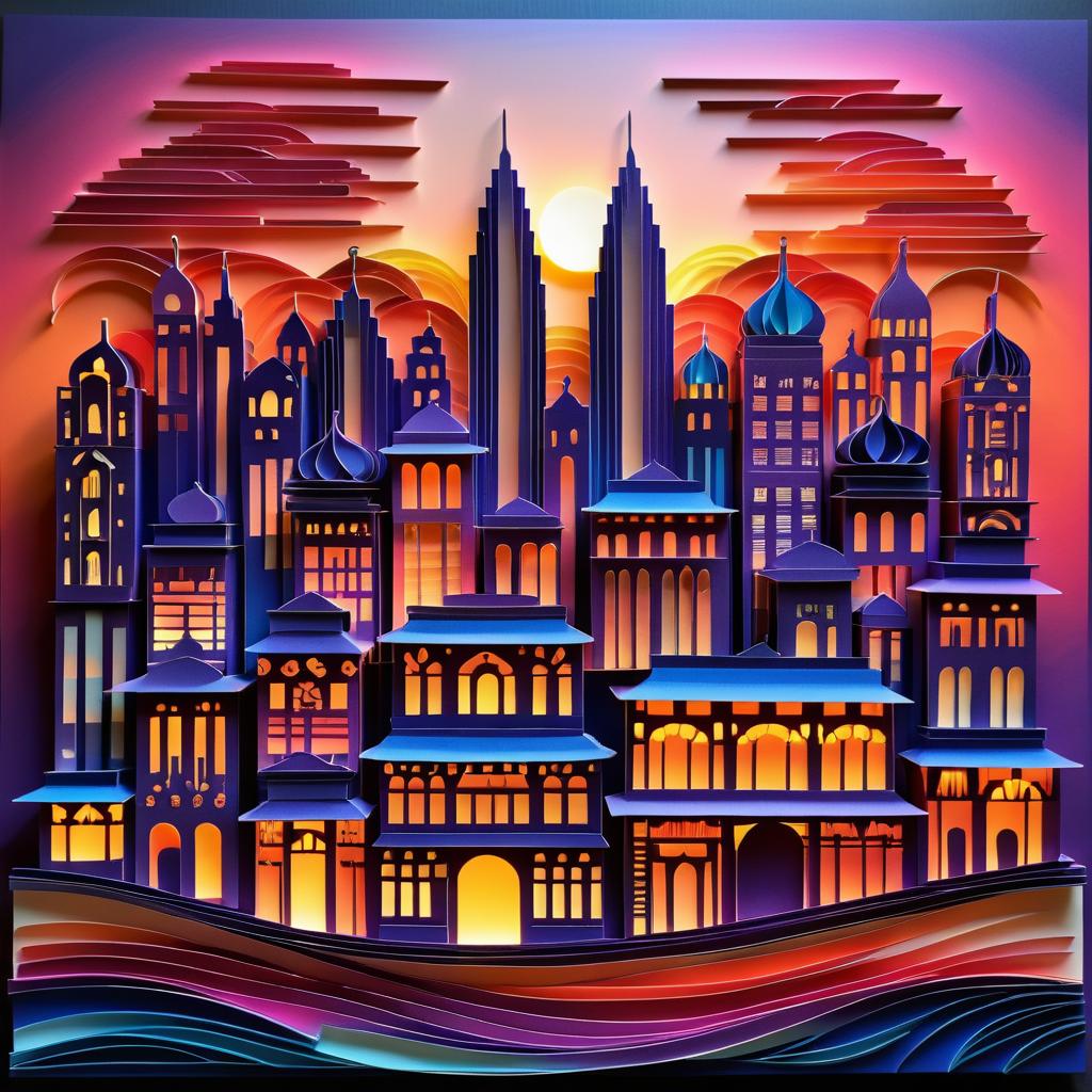 Vibrant Paper Quilling Cityscape at Sunset