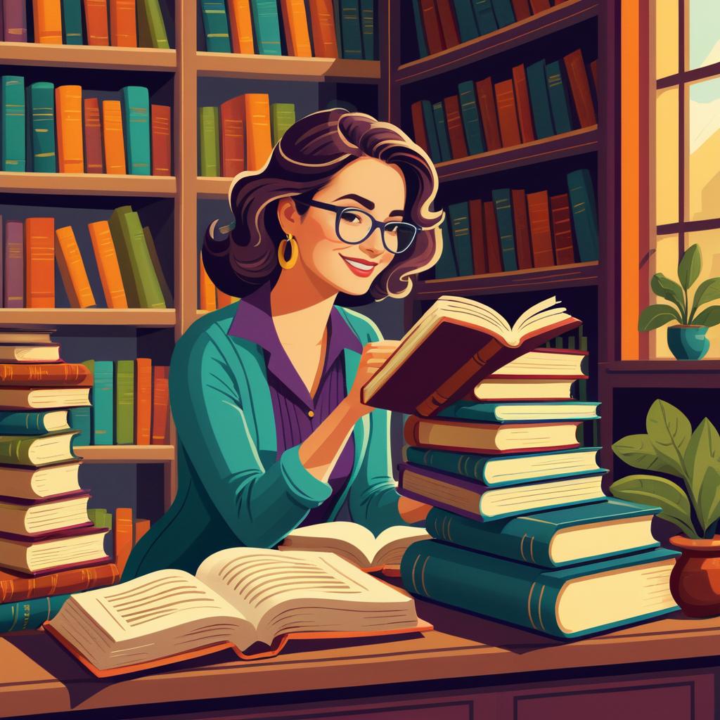 Cheerful Librarian in Cozy Library Scene