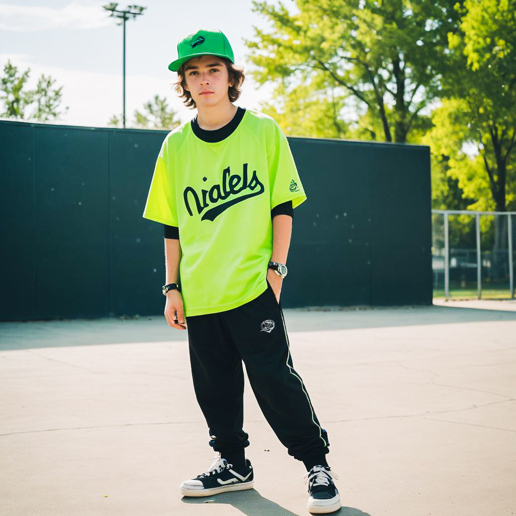 Dynamic Skate Park Style: Neon Baseball Jersey