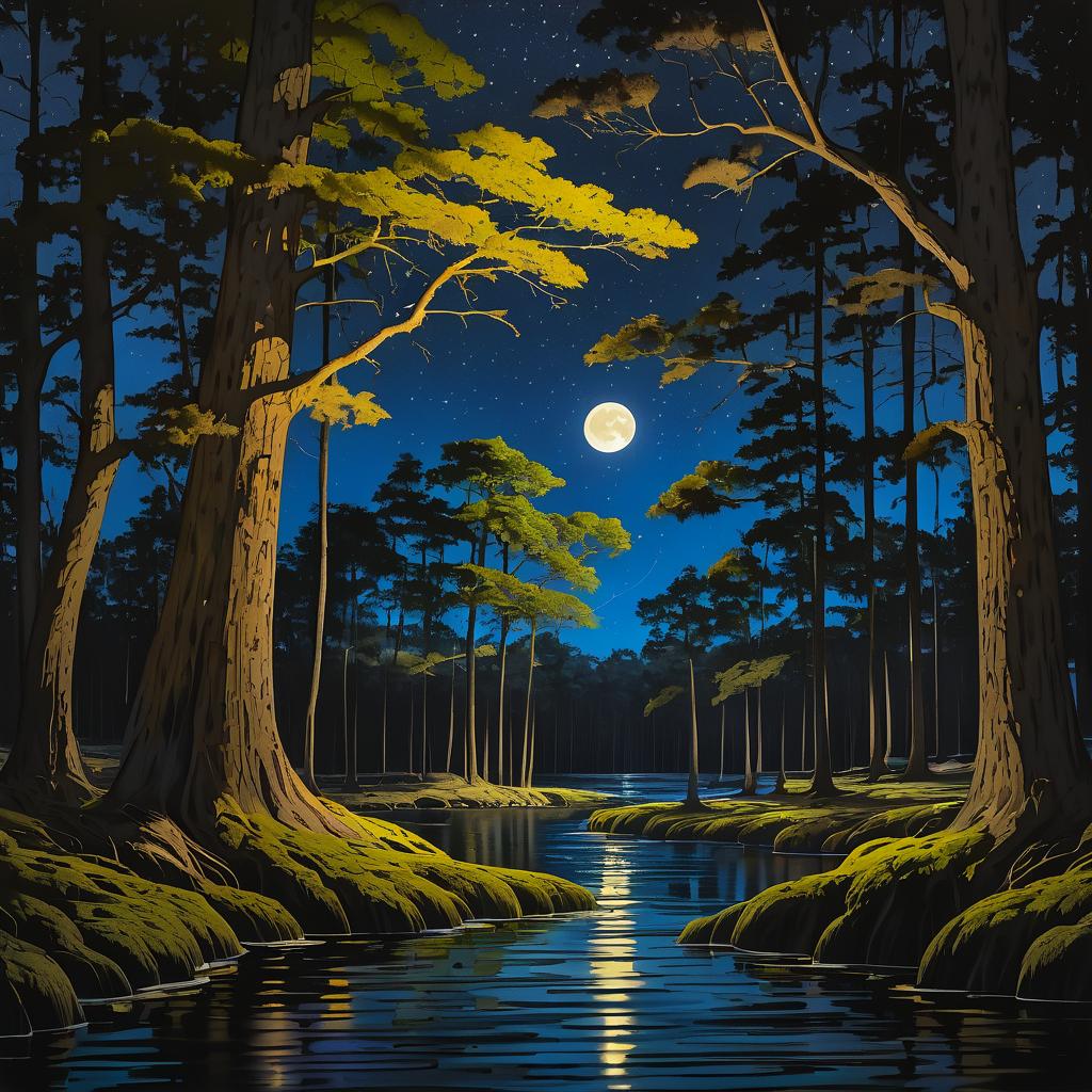 Moonlit Cypress Swampland at Night