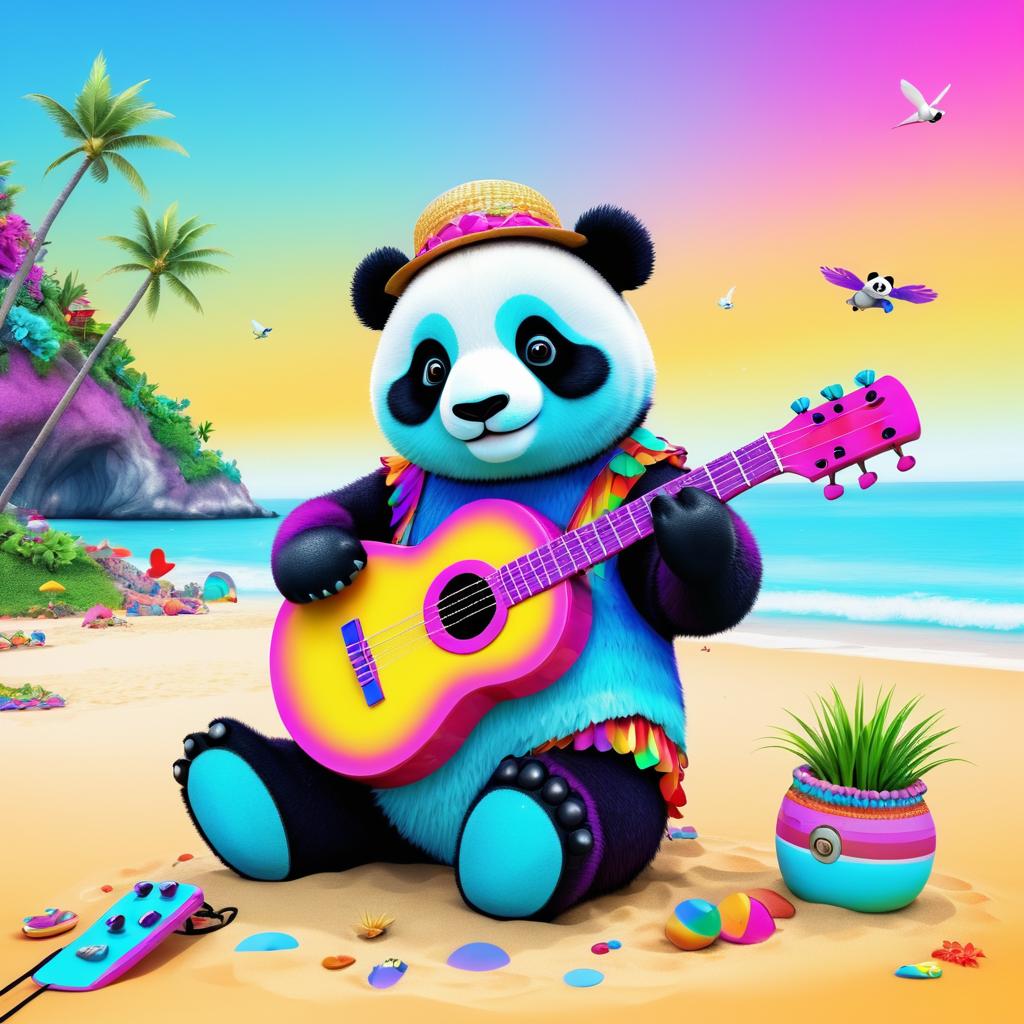 Whimsical Panda Playing Guitar on Beach