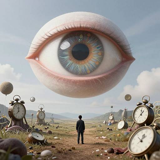 Digital surreal artwork: Giant floating eye with detailed iris above a standing man in a suit, surrounded by oversized clocks and balloons in a grassy field under