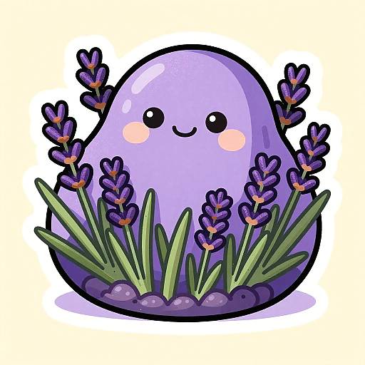 Cute digital illustration of a smiling, purple, blob-like creature surrounded by lavender flowers and green leaves, with blushing cheeks.
