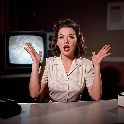 1950s Woman at Motel Desk with Dramatic Gesture