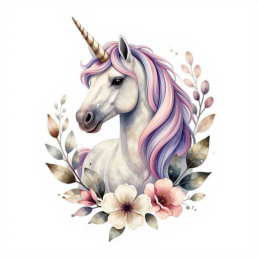 Digital watercolor of a white unicorn with a pink and purple mane, surrounded by pink and white flowers and green leaves.