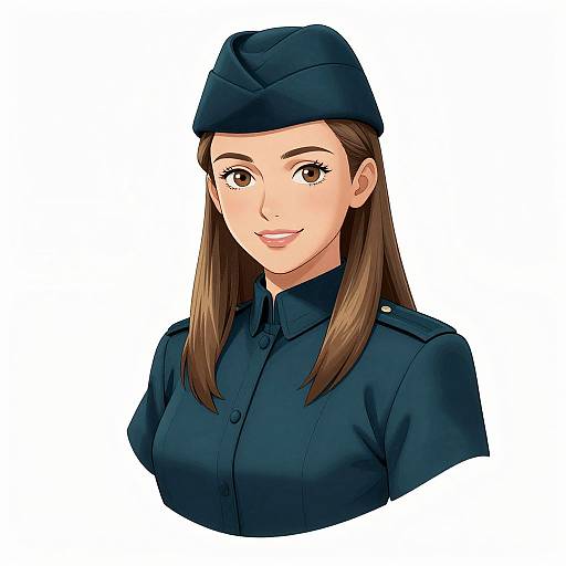 Digital anime-style drawing of a smiling woman with long brown hair, wearing a dark blue military uniform and matching cap.