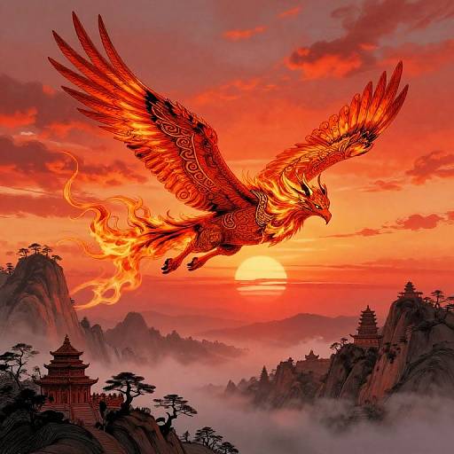 Mythical Creature Soaring at Sunset