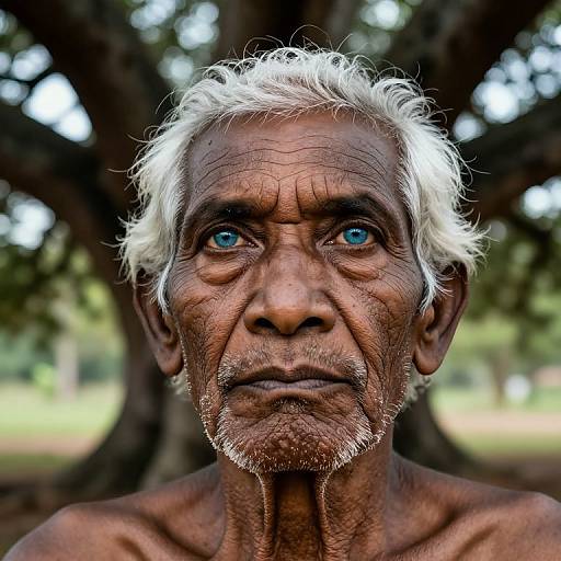 Close-up photograph of an elderly, shirtless Indian man with white, curly hair, deep wrinkles, and blue eyes, standing against a blurry tree background