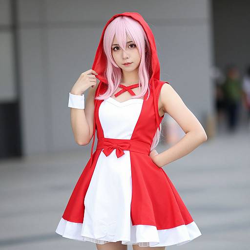 Digital CGI image of a young woman with pink hair in a red and white hooded dress, standing in a blurred urban background.