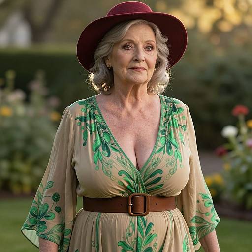 Photograph of an elderly woman with gray hair, wearing a deep green floral dress, brown belt, and red hat, standing in a garden.
