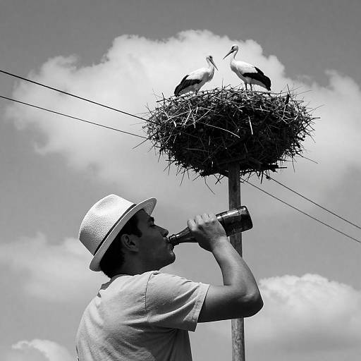 Man in Hat Under Stork Nest