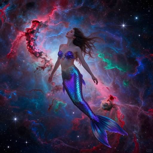 Digital artwork of a blue, shimmering mermaid with long dark hair, floating in a vibrant, colorful cosmic nebula background.