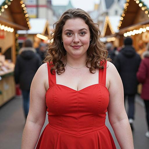 Photograph of a smiling, curvy, fair-skinned woman with wavy brown hair, wearing a red, sleeveless dress, standing in a