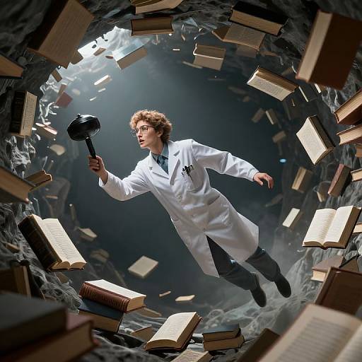 Photograph of a curly-haired man in a white lab coat, holding a black hat, flying through a swirling vortex of floating books.
