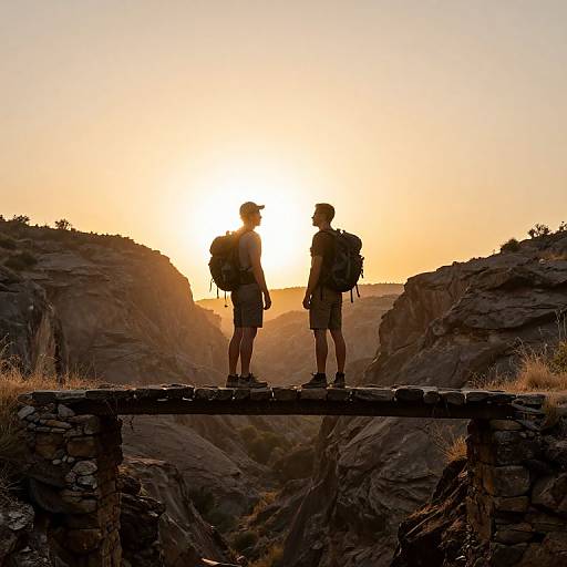 Silhouetted hikers with backpacks stand on a stone bridge at sunset, surrounded by rocky canyon terrain, under a golden-orange sky.