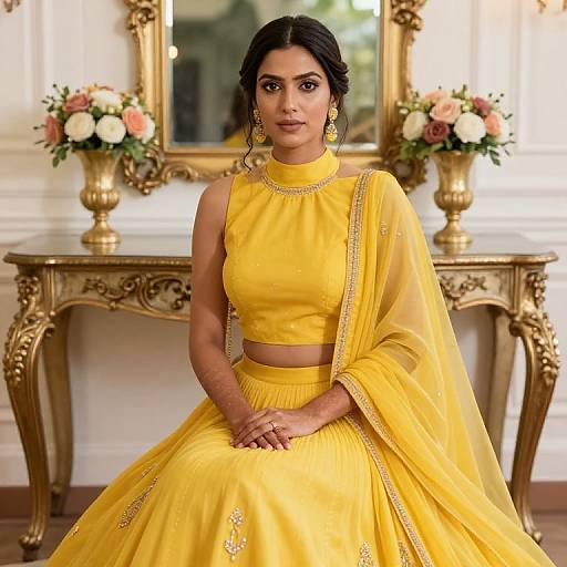 Photograph of a beautiful Indian woman with dark hair, wearing a bright yellow traditional outfit with gold embroidery, sitting in an elegant room with gold-framed