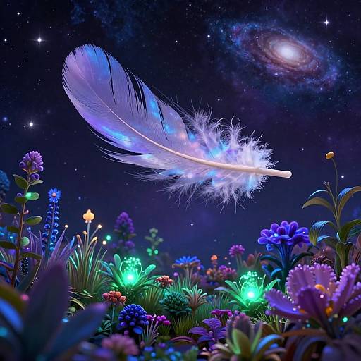 Digital art: Glowing white feather with blue and purple lights hovers above a vibrant, luminous garden of colorful flowers under a starry night sky