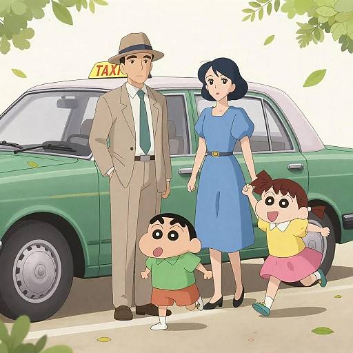 Anime Family Adventure Near Vintage Taxi