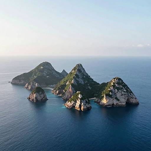 Aerial photograph of a serene seascape with three lush, green, rocky islands surrounded by calm, blue ocean water under a clear sky.