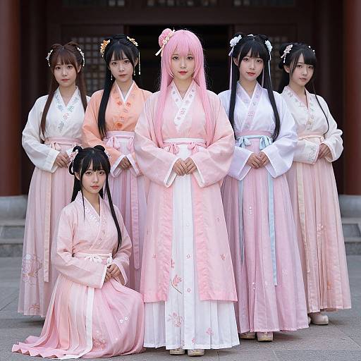 Photograph of six Asian women in traditional pink and white Korean hanboks with hair ornaments, standing and kneeling in front of a temple. Central woman