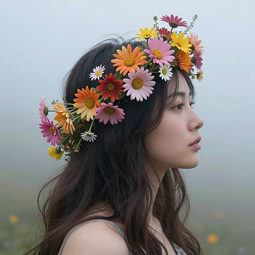 Photograph of a young Asian woman with long dark hair, wearing a colorful flower crown, profile view, soft light, blurred field background.