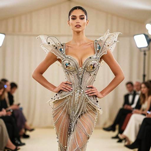 Photograph of a slender, dark-haired model in a silver, beaded, peplum evening gown with intricate embellishments, walking a fashion runway