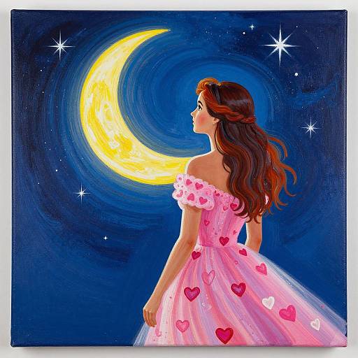 Woman in Heart Dress Gazing at Crescent Moon