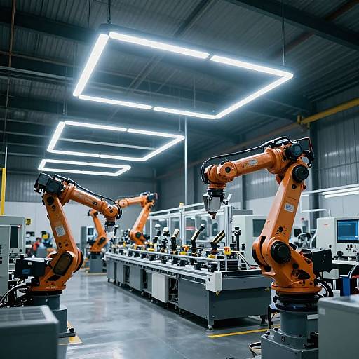 Photograph of a modern industrial workshop with four bright orange robotic arms, under white rectangular fluorescent lights, on gray workbenches.