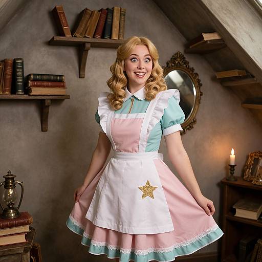 Photograph of a smiling blonde woman in a vintage, pastel blue and pink maid dress with a white apron and star, standing in a cozy
