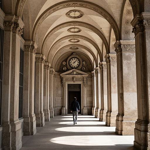 Photograph of a sunlit, ornate stone colonnade with arched ceilings, intricate carvings, and a lone figure walking away in