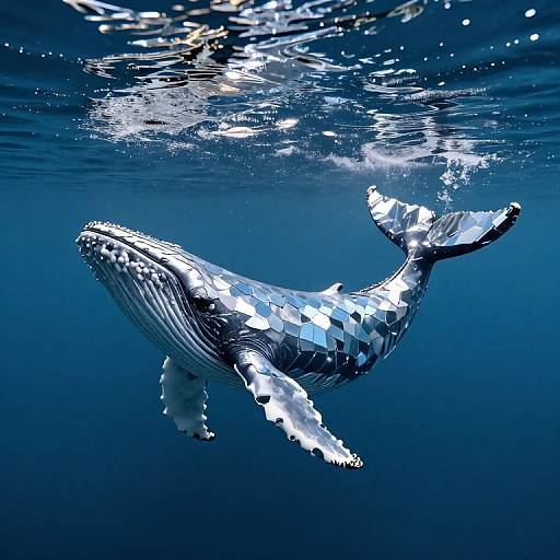 Photograph of a massive blue whale underwater, illuminated by sunlight, showcasing its detailed, textured skin and flippers against a deep blue ocean background.