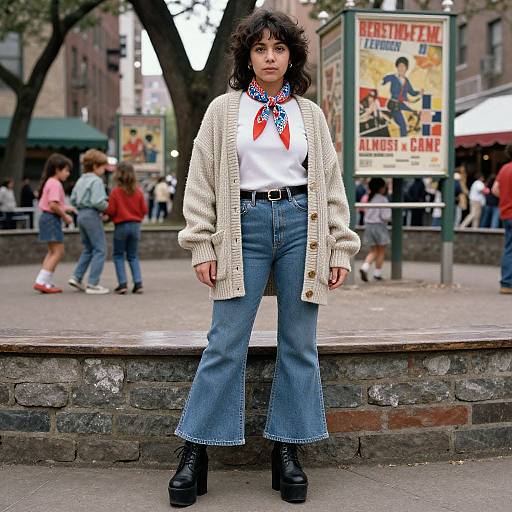 Photograph of a young woman with curly dark hair, wearing a cream cardigan, white shirt, red bandana, blue flared jeans, and