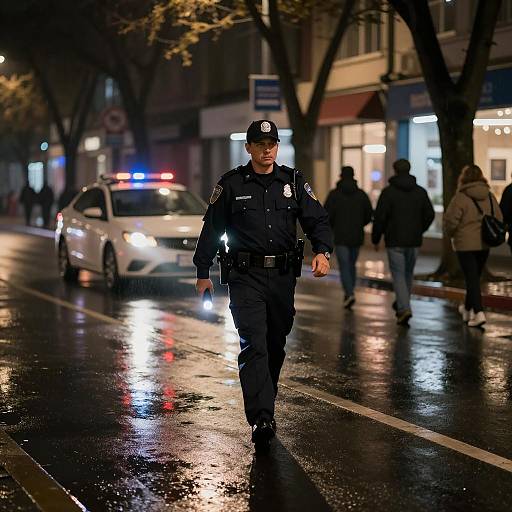 Police Officer Walking on Wet City Street at Night